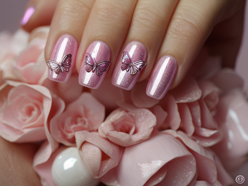 3D butterfly nail art with holographic embellishments.