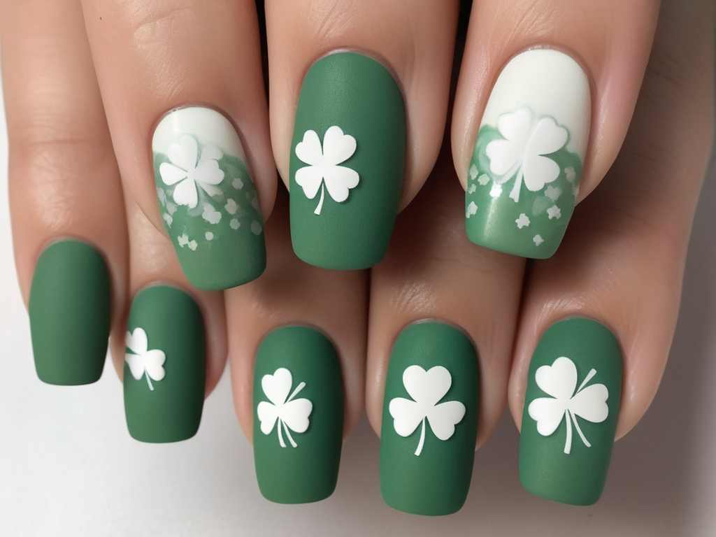 Matte green nails with white minimalist shamrock patterns.