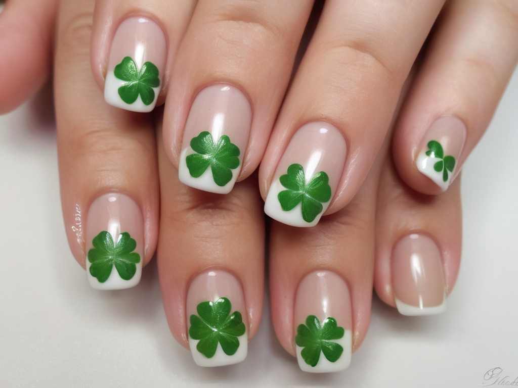 French manicure with tiny green shamrocks on the tips.