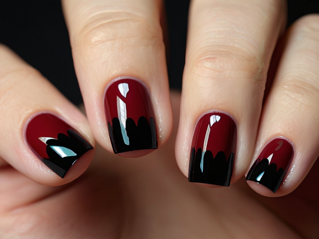 Deep red matte nails with glossy black heart accents.