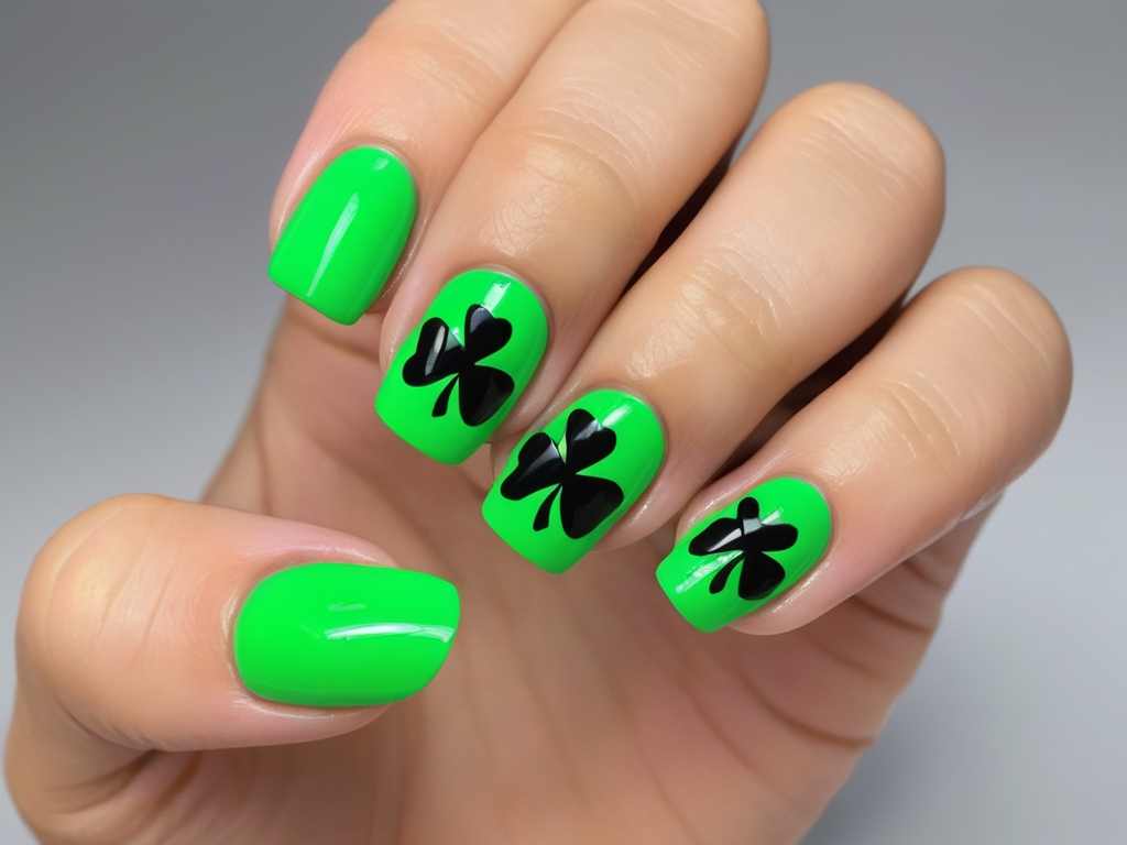 Neon green nails with bold black shamrock outlines and glossy finish.