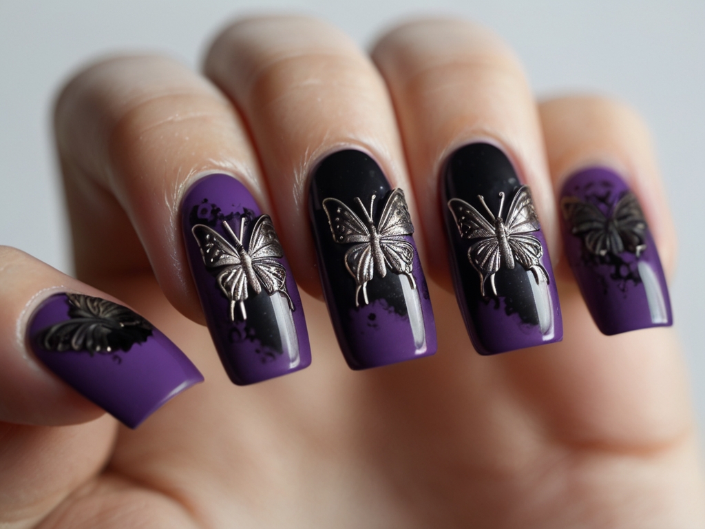 Gothic butterfly nails with dark tones and silver accents.