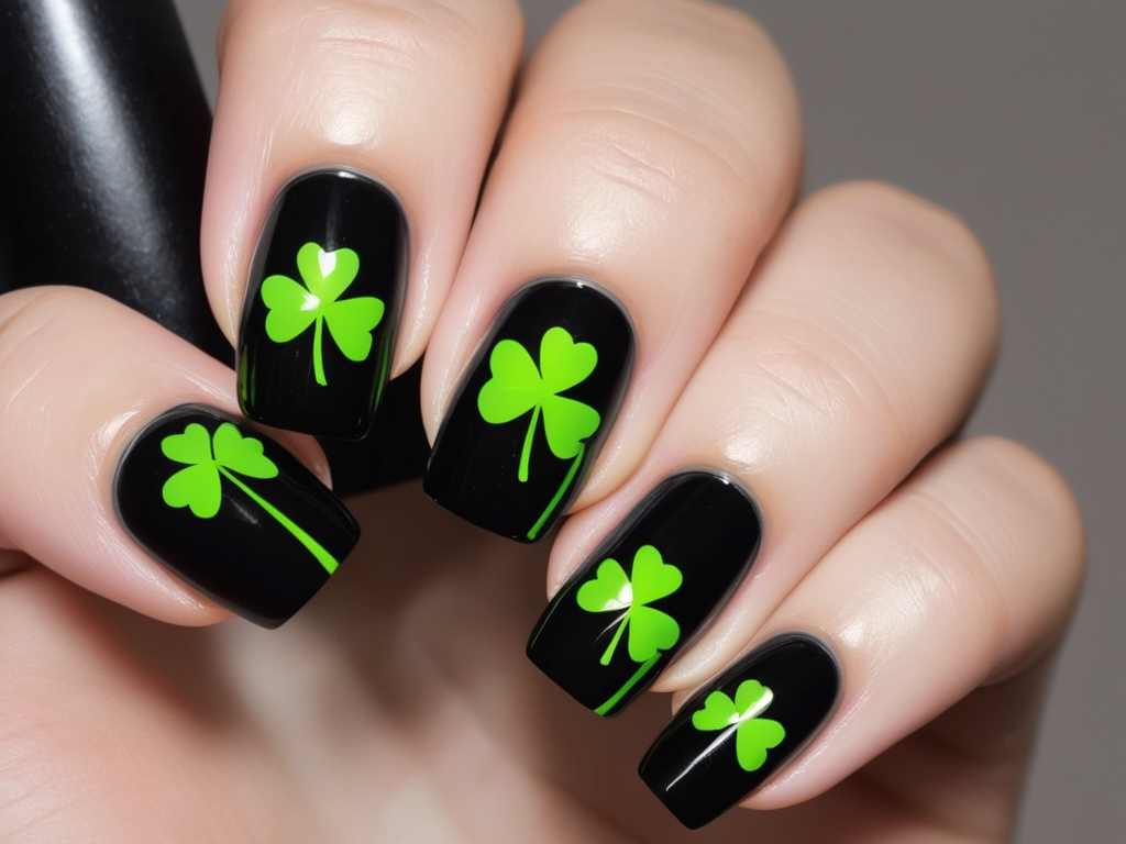 Glossy black nails with neon green shamrock silhouettes.