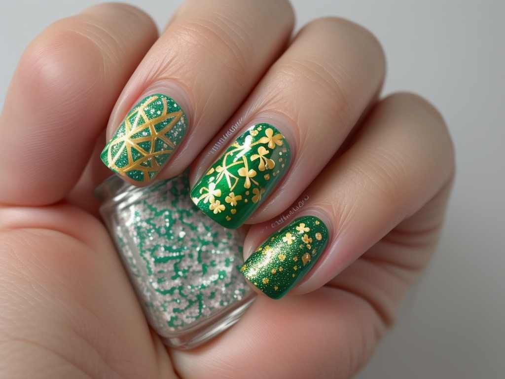 Elegant shamrock nail art with green and gold glitter on a white base.