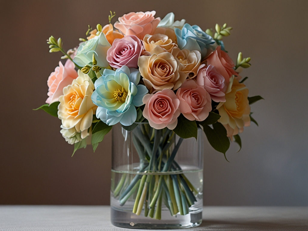 Elegant Silk Ribbon Flower Arrangement	A pastel-themed bouquet of silk ribbon flowers in a glass vase.