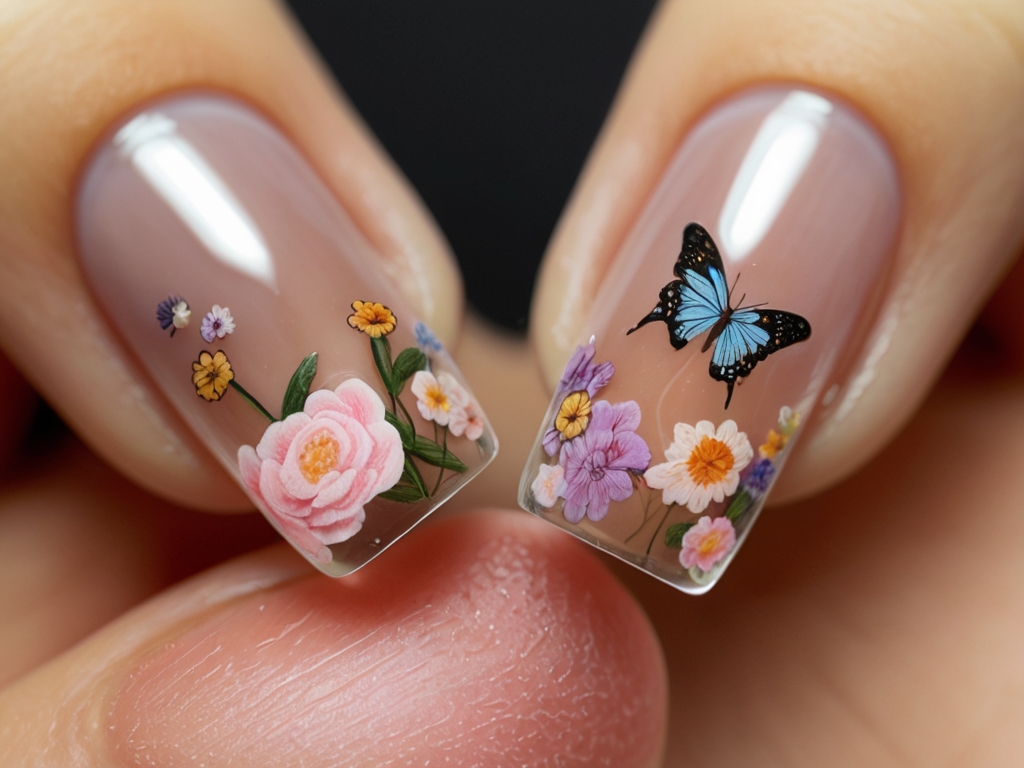 Clear acrylic nails with butterfly and floral designs.