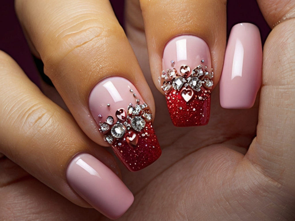 Red glitter ombré nail art with pink tips and rhinestones.