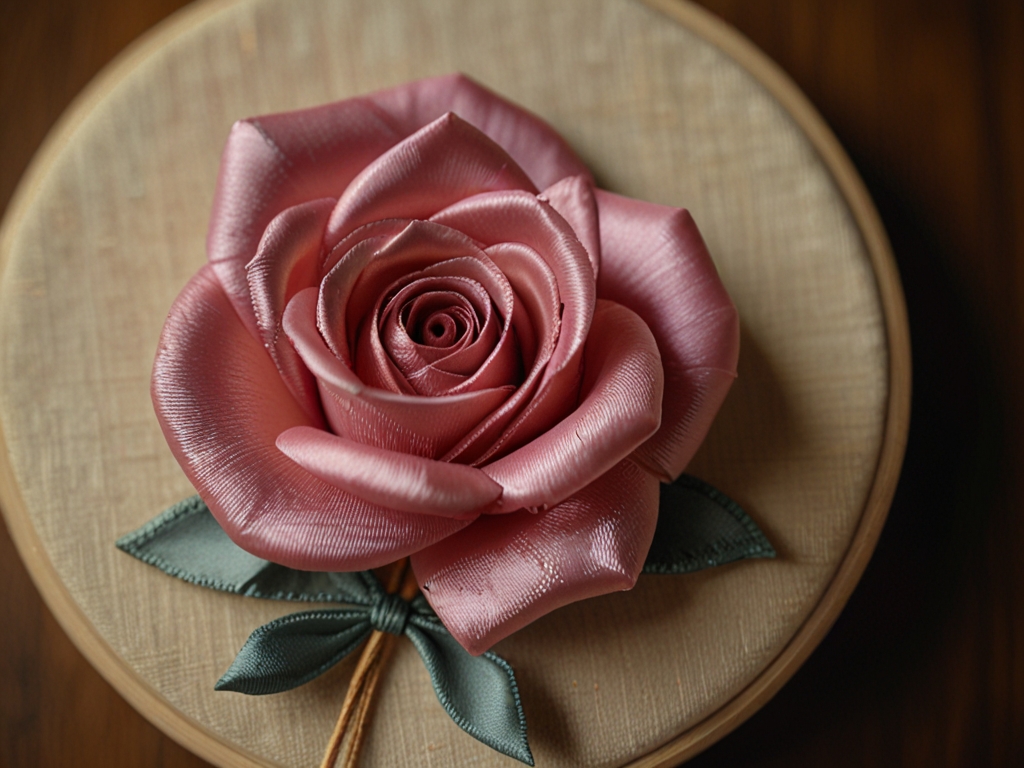 A beautifully crafted silk ribbon rose displayed on an embroidery hoop.