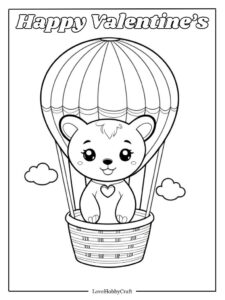 Heart-shaped hot air balloon with animal, Valentine-themed coloring page