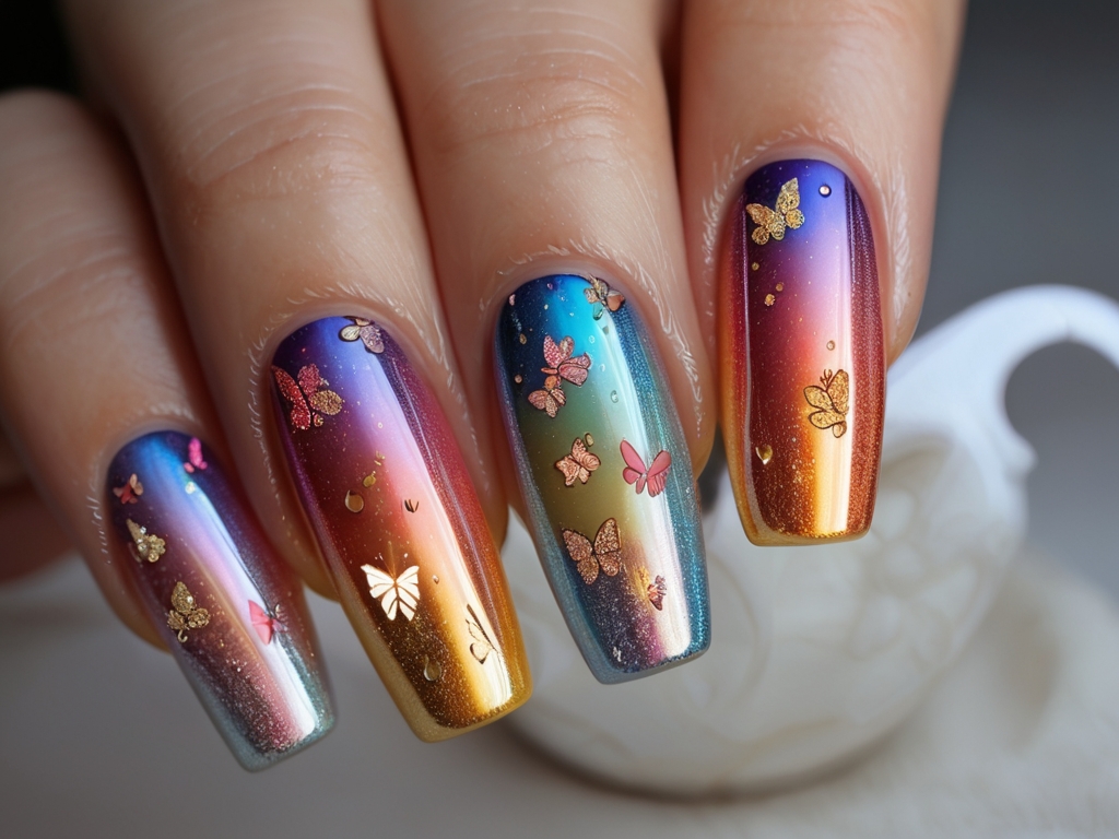 
Rainbow gradient butterfly nails with holographic shimmer.