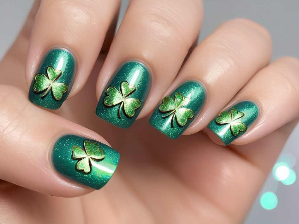 Holographic green nails with shimmering shamrock accents.