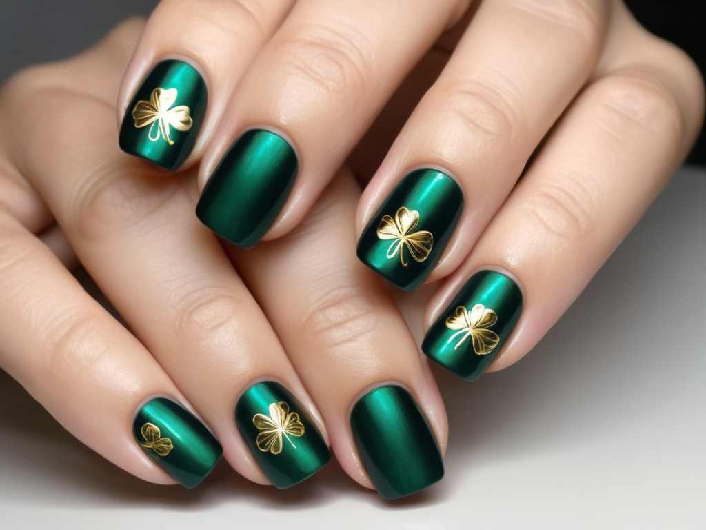 Dark emerald nails with metallic gold shamrock stamps.