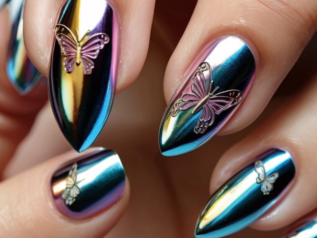 Chrome metallic butterfly nail art in iridescent shades.