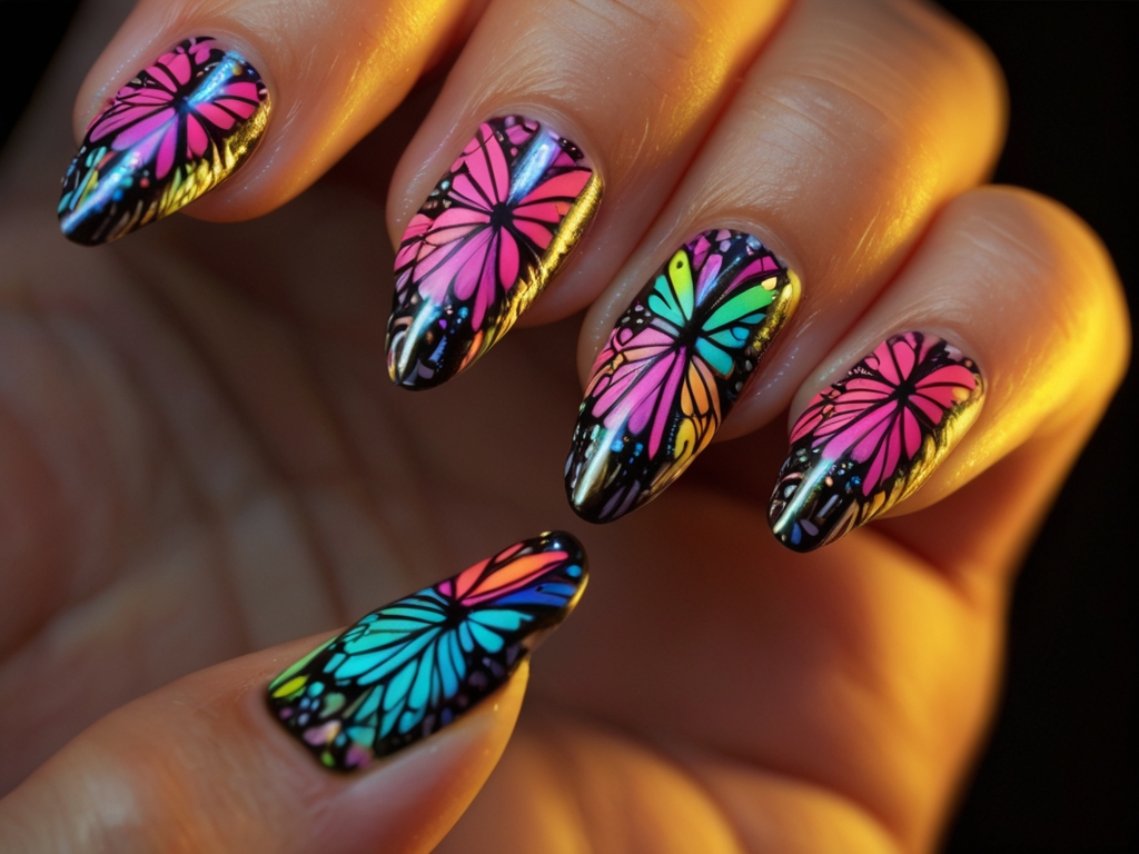 Neon butterfly nail art with UV glow on stiletto nails.