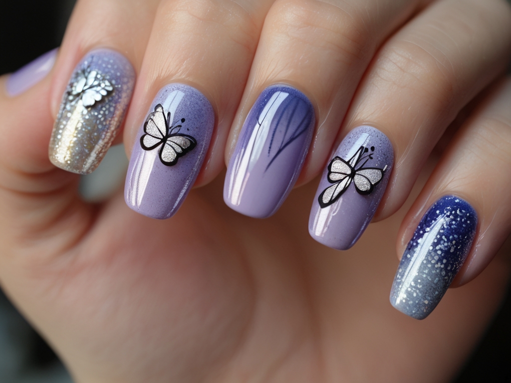 Ombre butterfly nails with blue-to-lavender gradient.