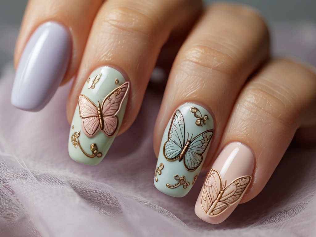 Elegant butterfly nail art with pastel hues on almond-shaped nails.