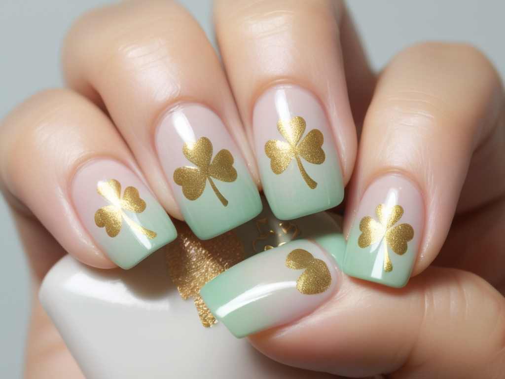 Pastel green and gold ombré nails with shamrock decals.