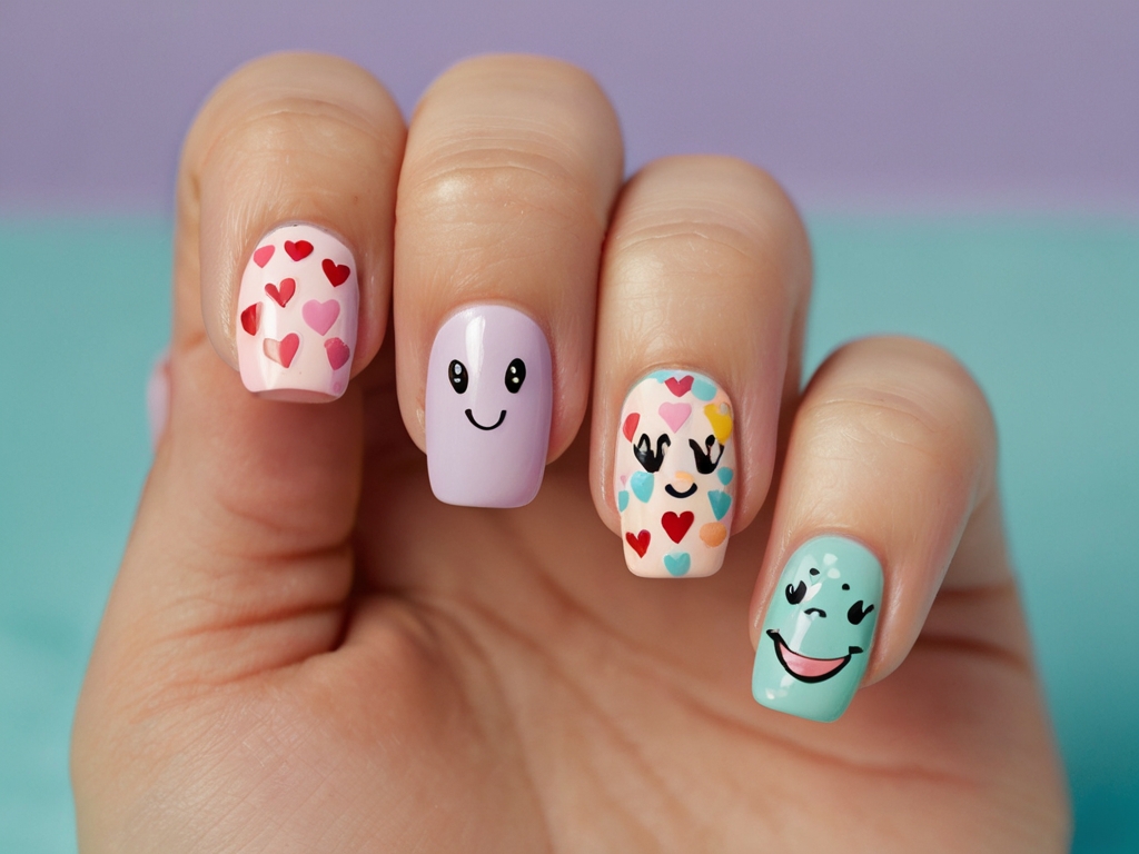 Cartoon hearts and "Love" text on pastel nails.