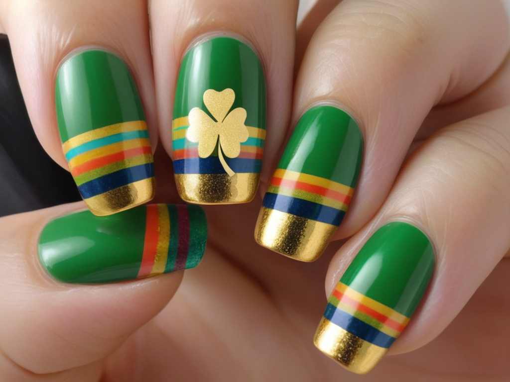 Rainbow-striped nails with a golden shamrock accent nail.