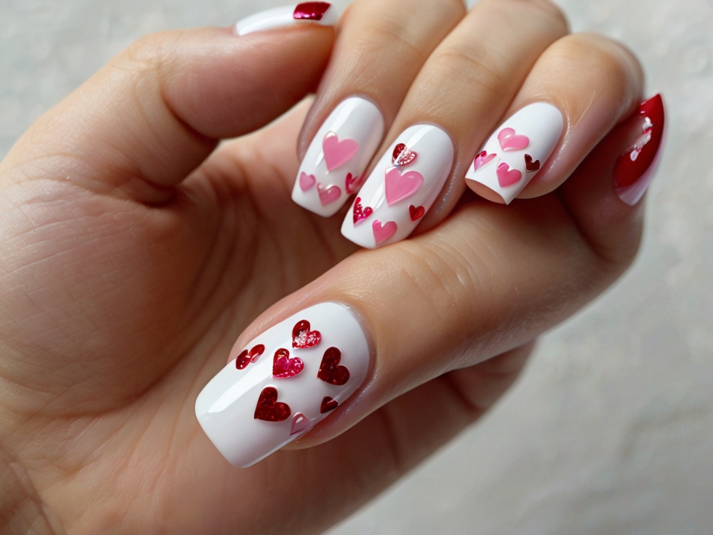 Red and pink heart nail art with glitter accents.