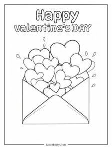 Valentine’s envelope with hearts popping out, coloring page