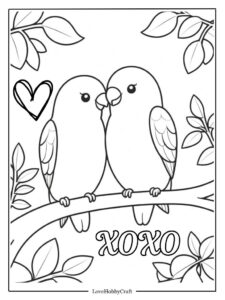 Lovebirds on a branch with heart-shaped leaves, Valentine coloring page