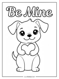 Cute puppy with heart in mouth, Valentine-themed coloring page