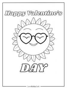 Smiling sun with heart-shaped sunglasses, Valentine coloring page