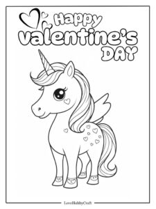 Magical unicorn with heart patterns, Valentine-themed coloring page