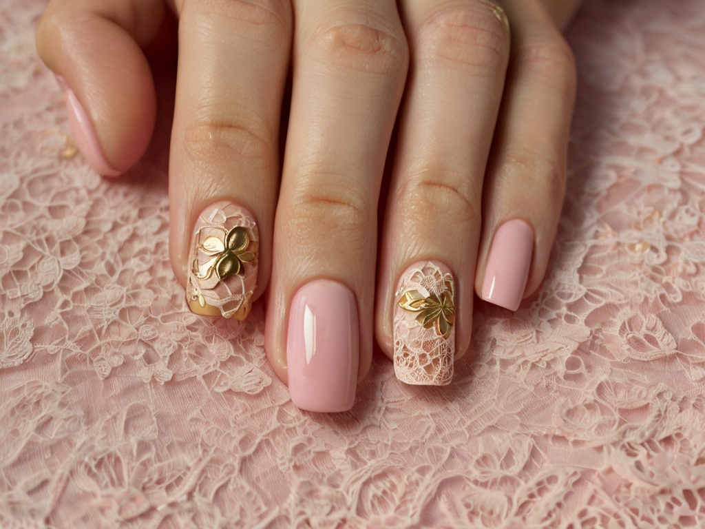 Vintage lace, roses, and gold detail nail art on pink nails.