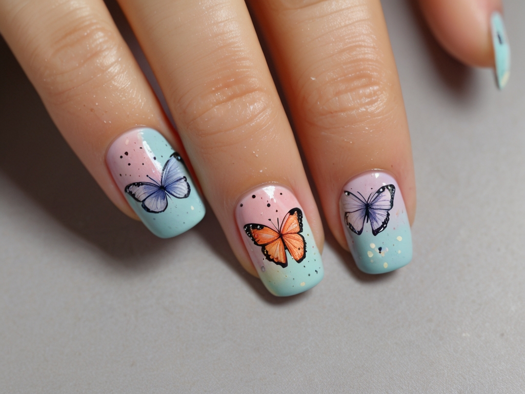 Watercolor butterfly nails with pastel splashes.