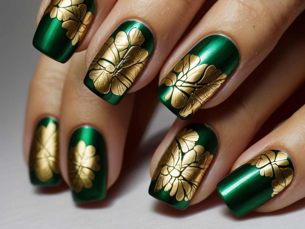 Metallic gold nails with green shamrock engravings.