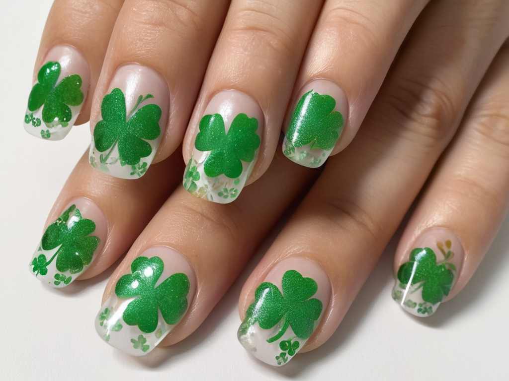 Clear jelly nails with glittery green shamrocks.