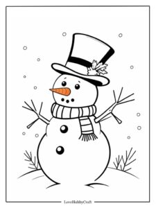 Cheerful snowman with falling snowflakes