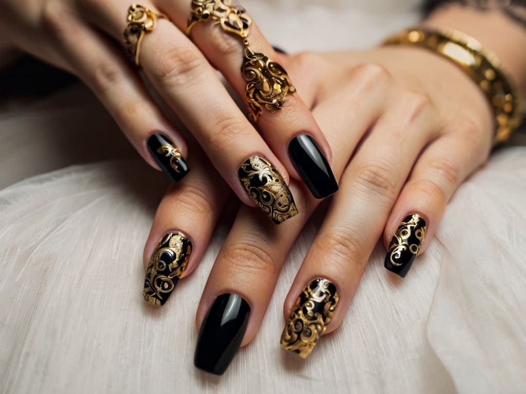 Black and gold baroque wedding nail art with intricate details.