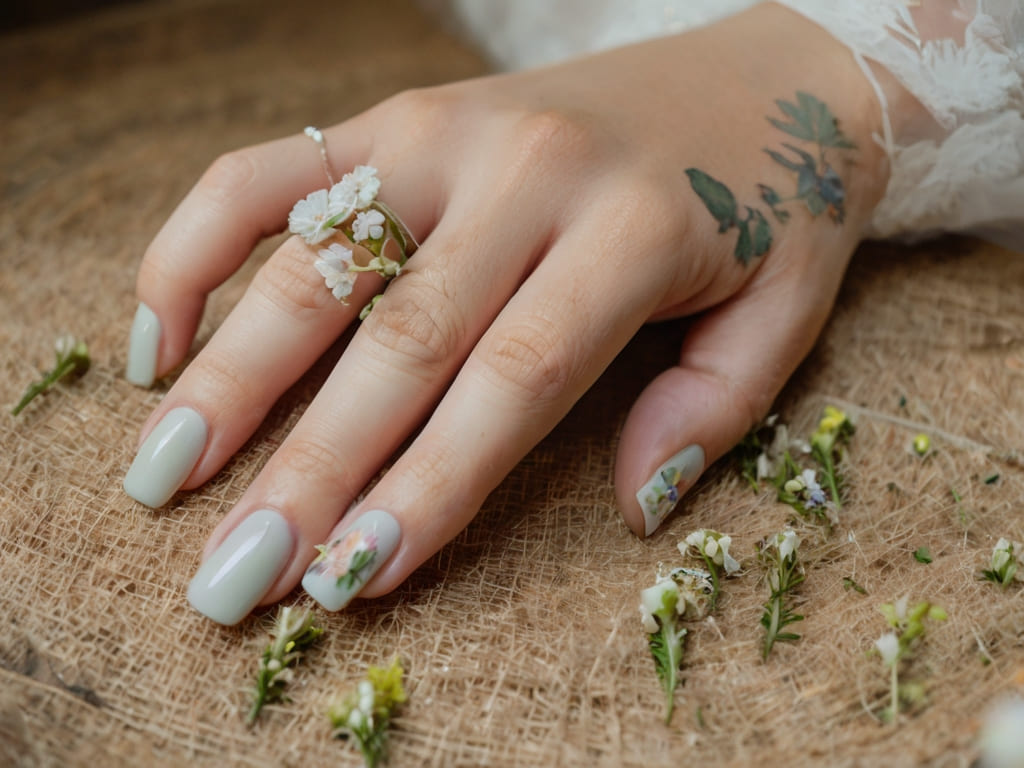 Botanical wedding nail art with pressed flowers and pastel tones.