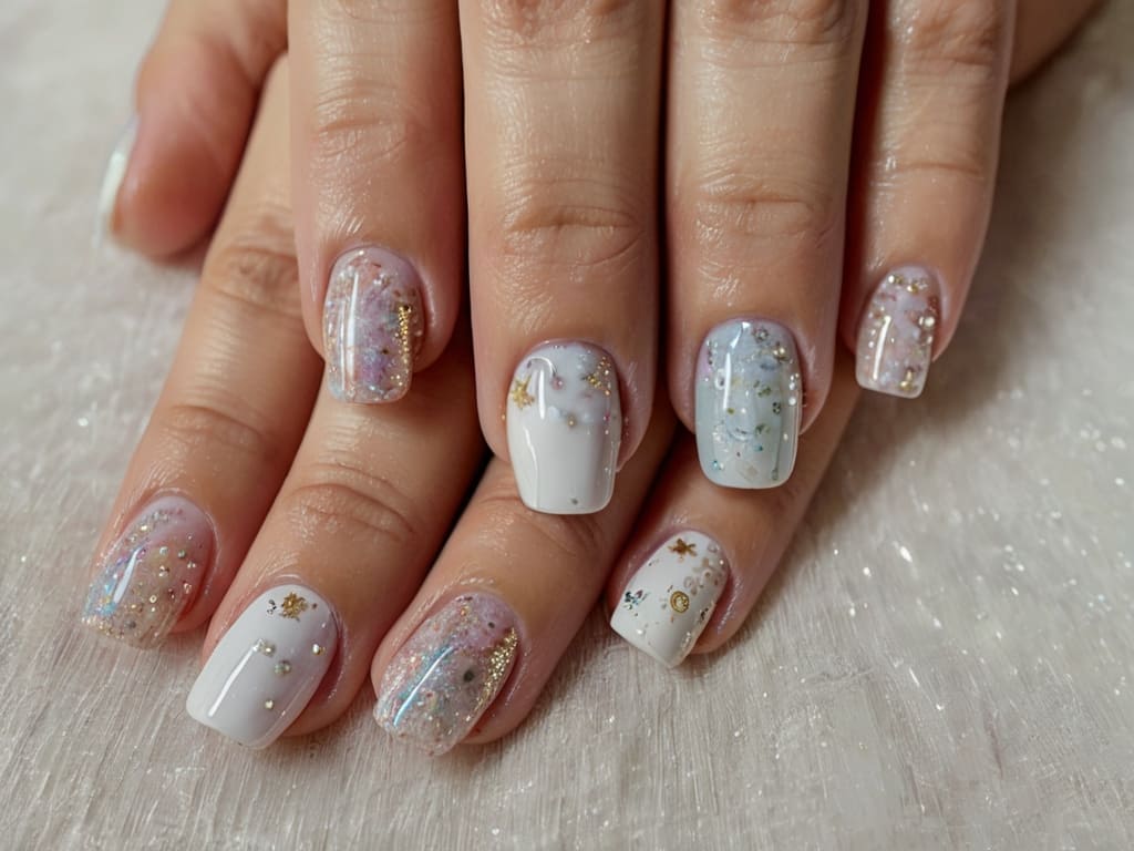 Celestial wedding nail art with stars, moons, and holographic shimmer.