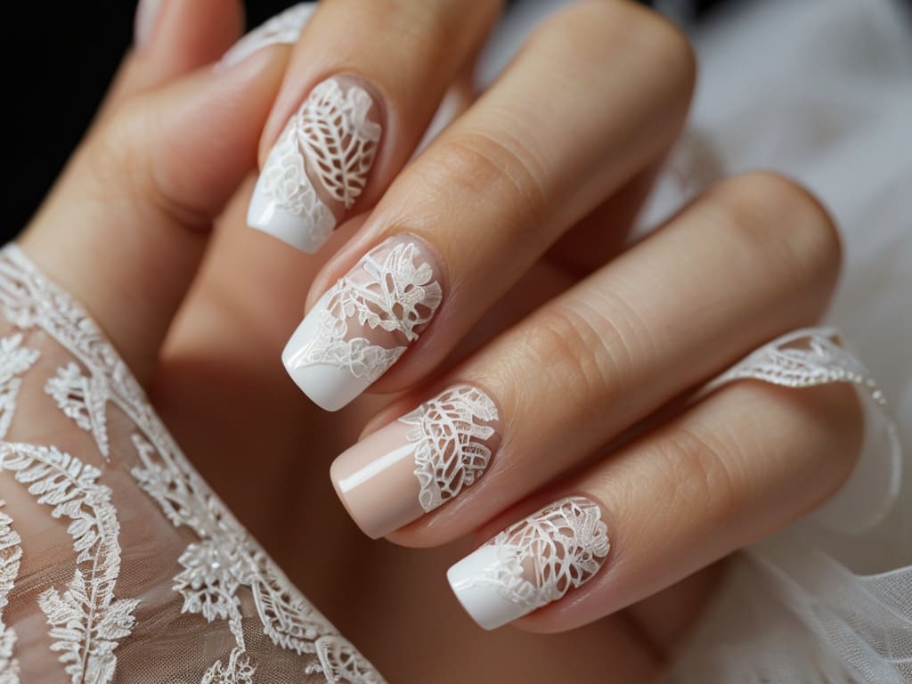 Modern wedding nail art with lace patterns and shimmer.