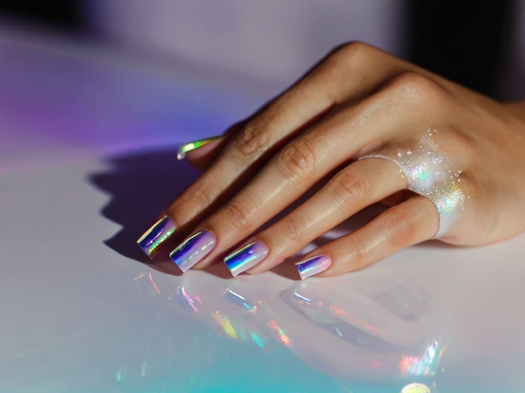 Holographic wedding nail art with iridescent rainbow reflections.