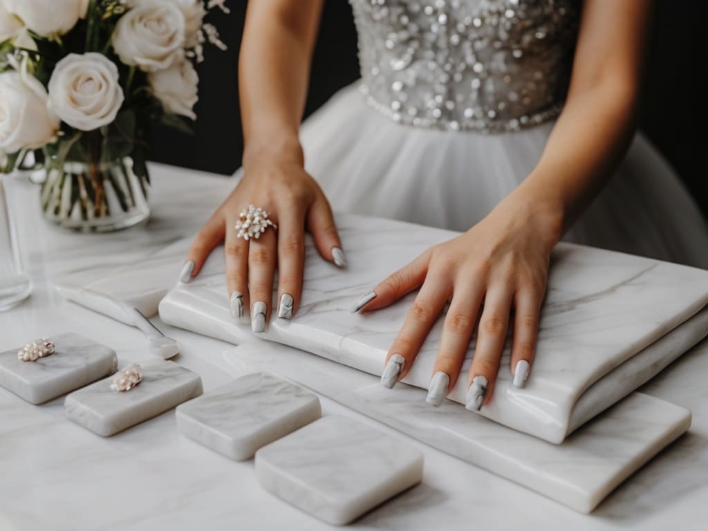 Marble-inspired wedding nail art in white and grey tones.