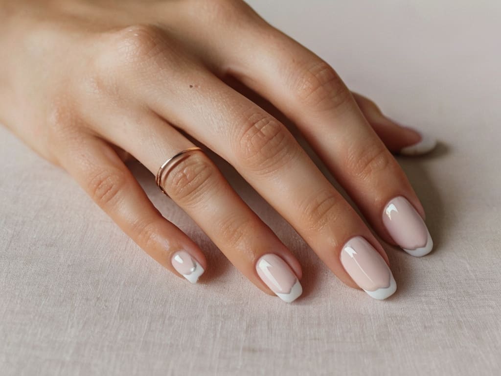 Minimalist French tip wedding nail art in blush and white.