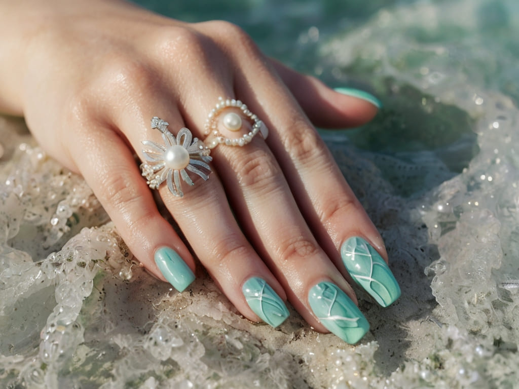 Ocean-inspired wedding nail art with seafoam tones and pearls.