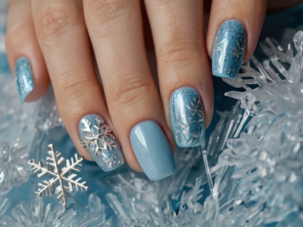 Icy blue wedding nail art with snowflake details and silver foil.