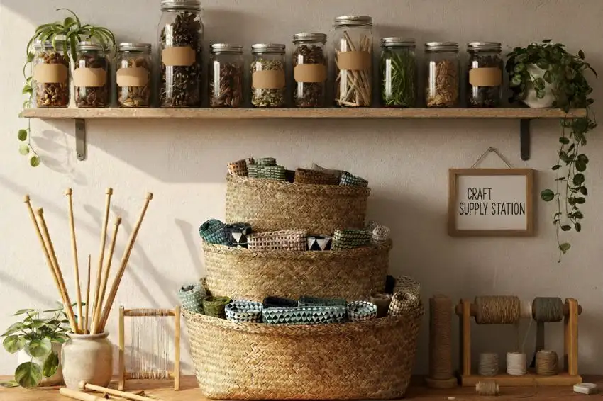 Organized sustainable craft supply station with labeled jars of natural materials, fabric scraps in woven baskets, and bamboo tools