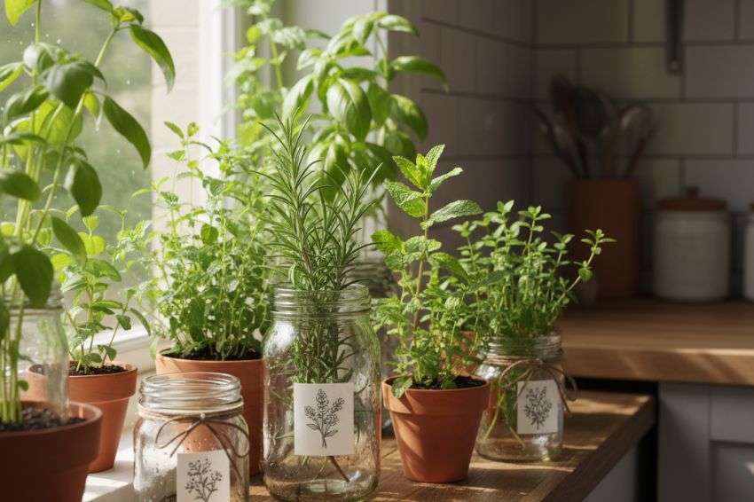 Attractive herb garden in mason jars or small pots on a sunny windowsill