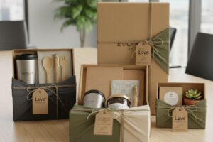 A collection of zero waste gift ideas, including a set with bamboo cutlery and another with self-care items, all packed in sustainable, plastic-free packaging.