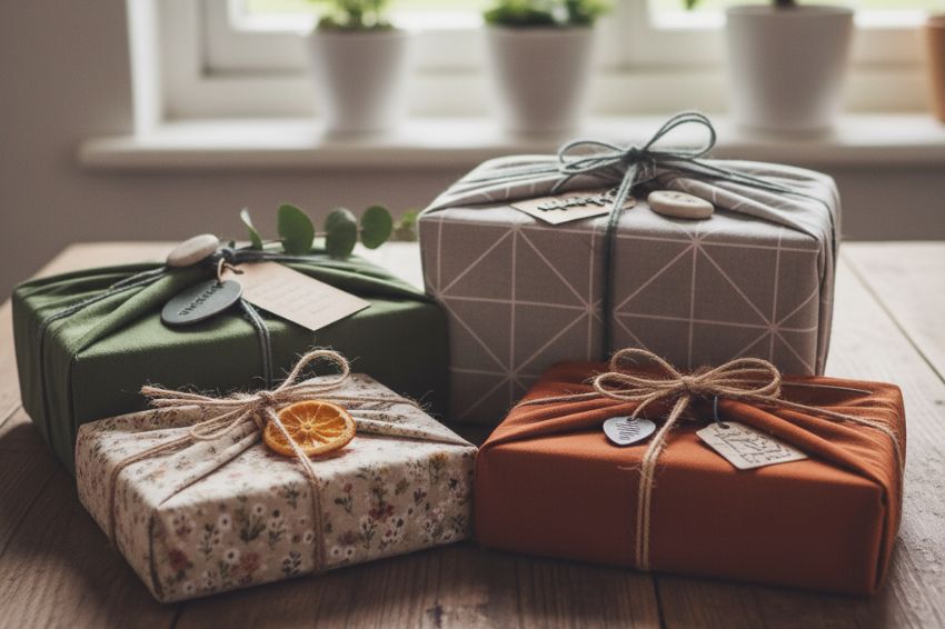 beautifully wrapped gifts using fabric wraps and natural twine with botanical decorations