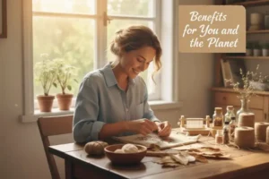 A smiling woman enjoying the personal benefits of eco-friendly crafting at a sunny table with sustainable materials like twine and dried leaves.