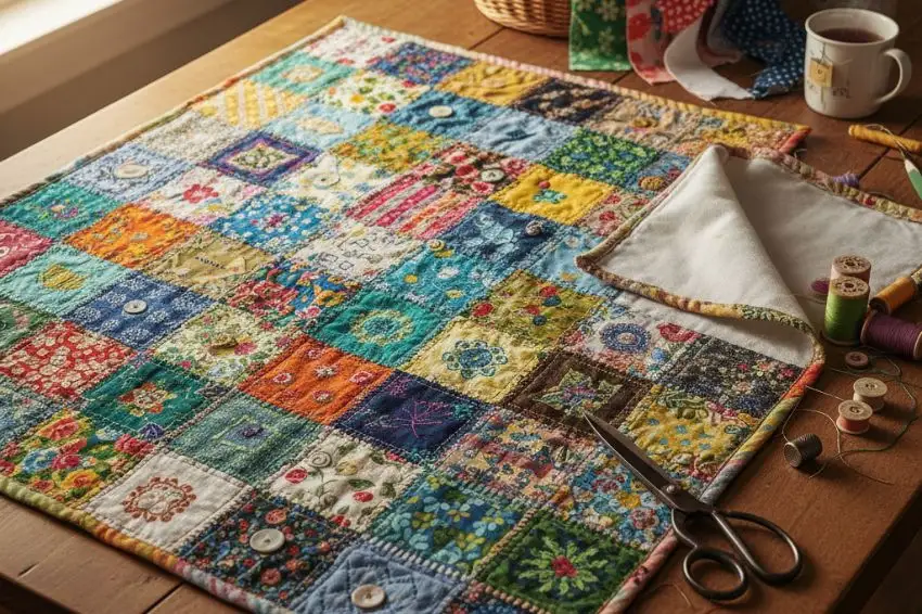 Eco-friendly crafts ideas featuring Colorful fabric scrap quilt in progress showing diverse patterns and textures