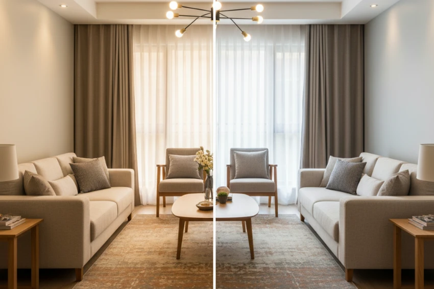 Comparison showing different LED bulb color temperatures in a home setting